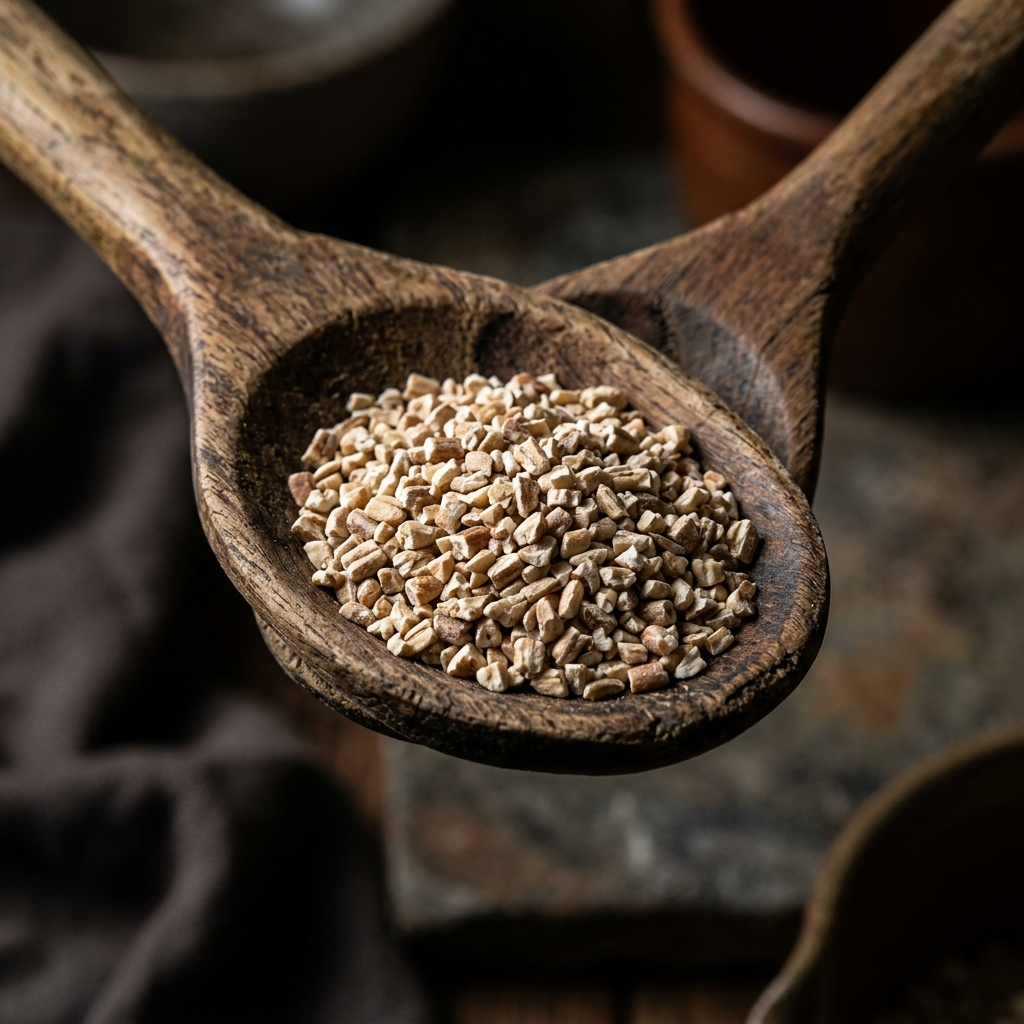 Macro shot of hard, raw steel cut oats groats in a wooden spoon, illustrating why they cannot be cold-soaked.