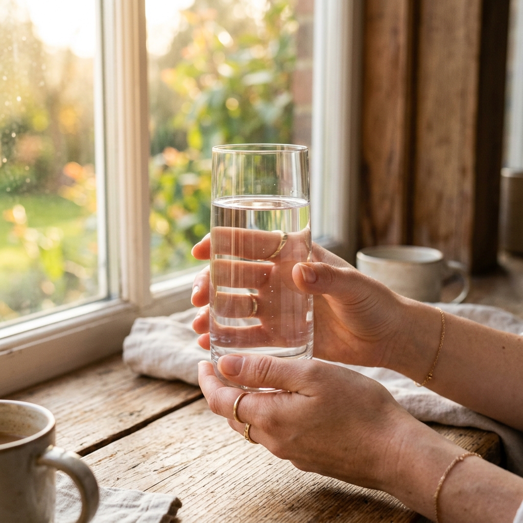 Glass of room temperature or warm water to stimulate digestion