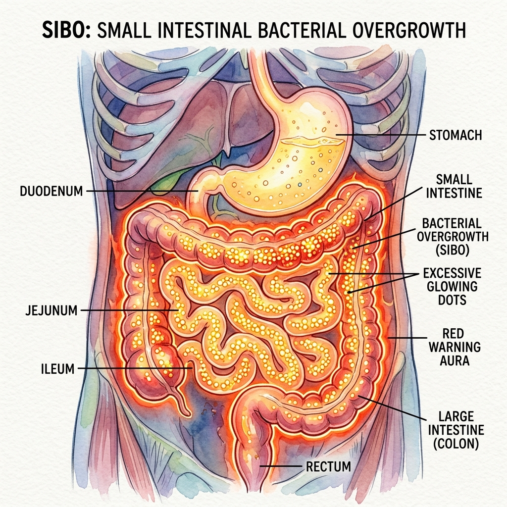 Cross-section of a glowing stomach and small intestine overflowing with bacterial overgrowth