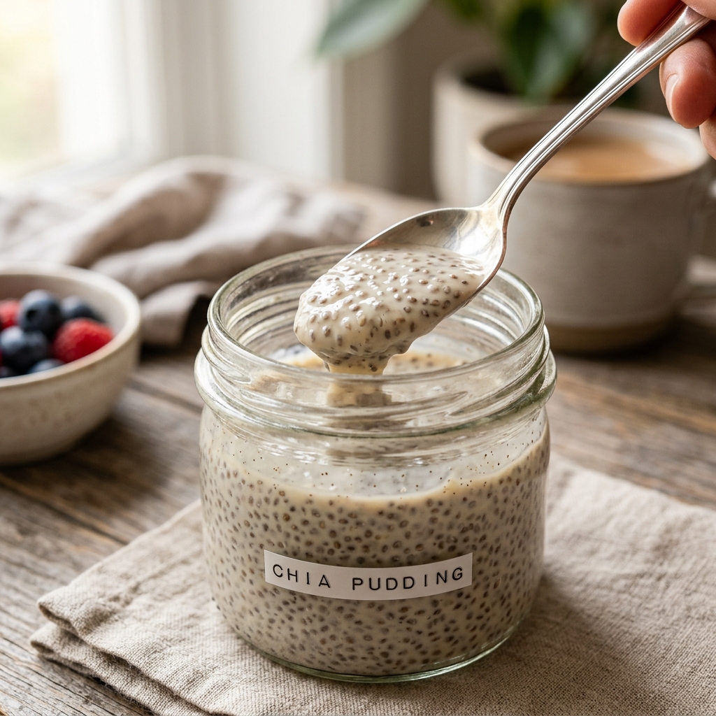 A rustic glass jar filled with chia seeds soaked in almond milk, forming a thick mucilaginous gel.