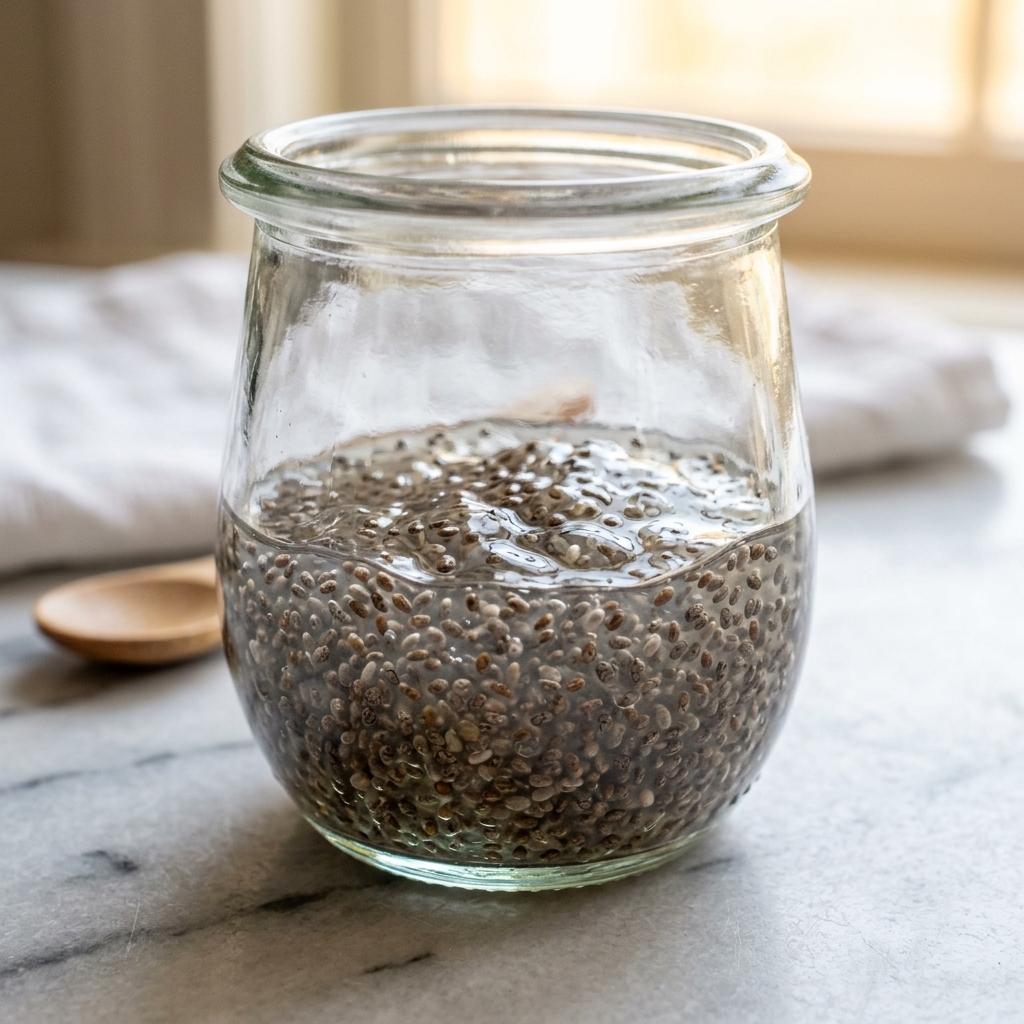 Chia seeds soaked in water forming a thick, hydrating, soothing gel, representing how soluble fiber softens stool.