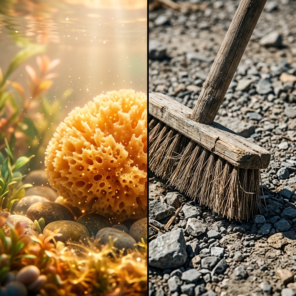 A split screen comparing a soft sea sponge (soluble fiber) to a harsh stiff broom (insoluble fiber).