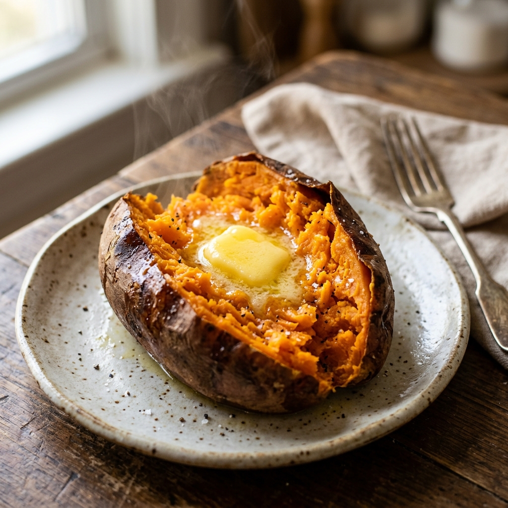 A close-up of a steamed, open sweet potato topped with melting golden ghee on a rustic ceramic plate.