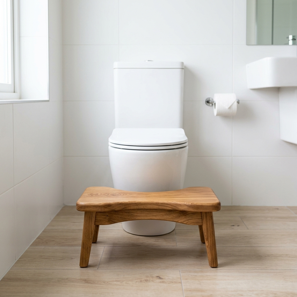 A sleek wooden squatting footstool placed perfectly in front of a modern white toilet.