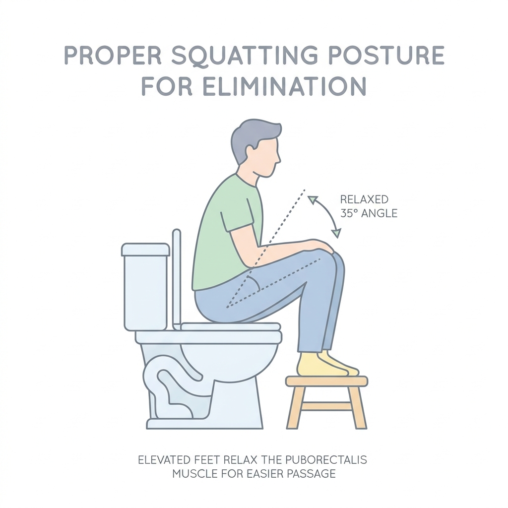 Minimalist medical illustration showing proper squatting posture on a toilet to relax the puborectalis muscle for fast constipation relief