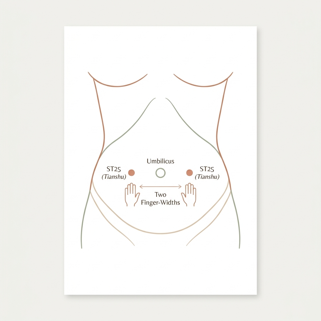 Minimalist anatomical line art showing the ST25 Tianshu acupressure points for constipation relief