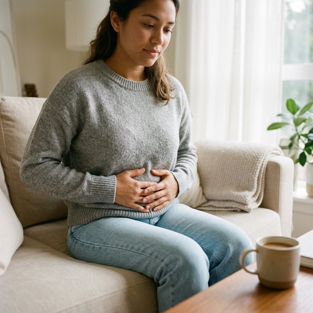 A woman holding her stomach conveying discomfort from eating raw steel cut oats packed with phytic acid.