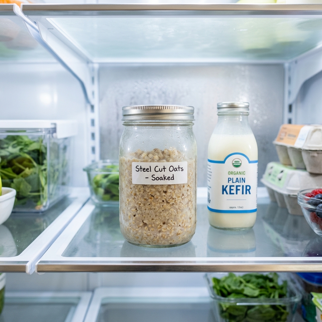 A glass jar of hot-soaked steel cut oats cooling in the refrigerator next to kefir, building resistant starch through retrogradation.