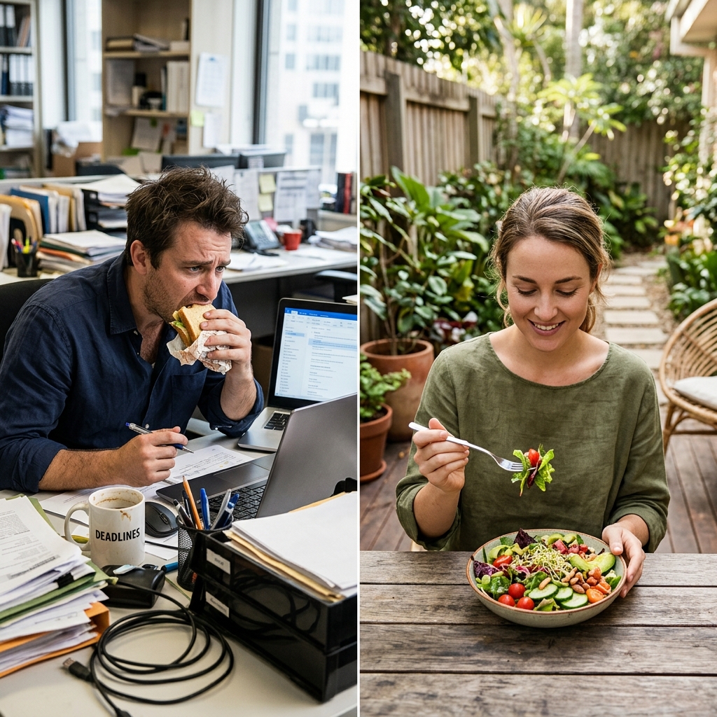 A stressed professional eating at a desk versus a calm person eating a salad mindfully