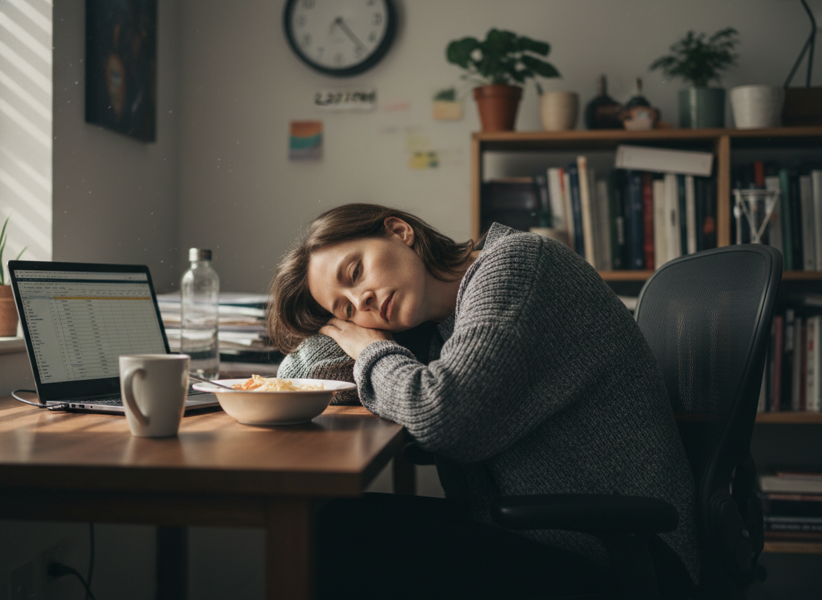A woman feeling drained in the afternoon to illustrate fatigue linked to subclinical vitamin deficiency