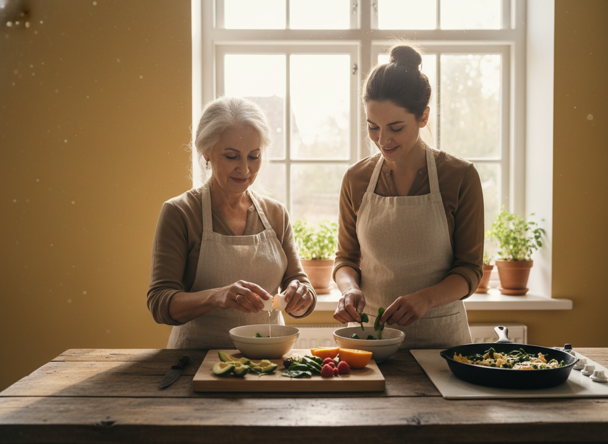 An older mother and adult daughter preparing a simple nutrient-dense breakfast together to illustrate a food-first recovery routine