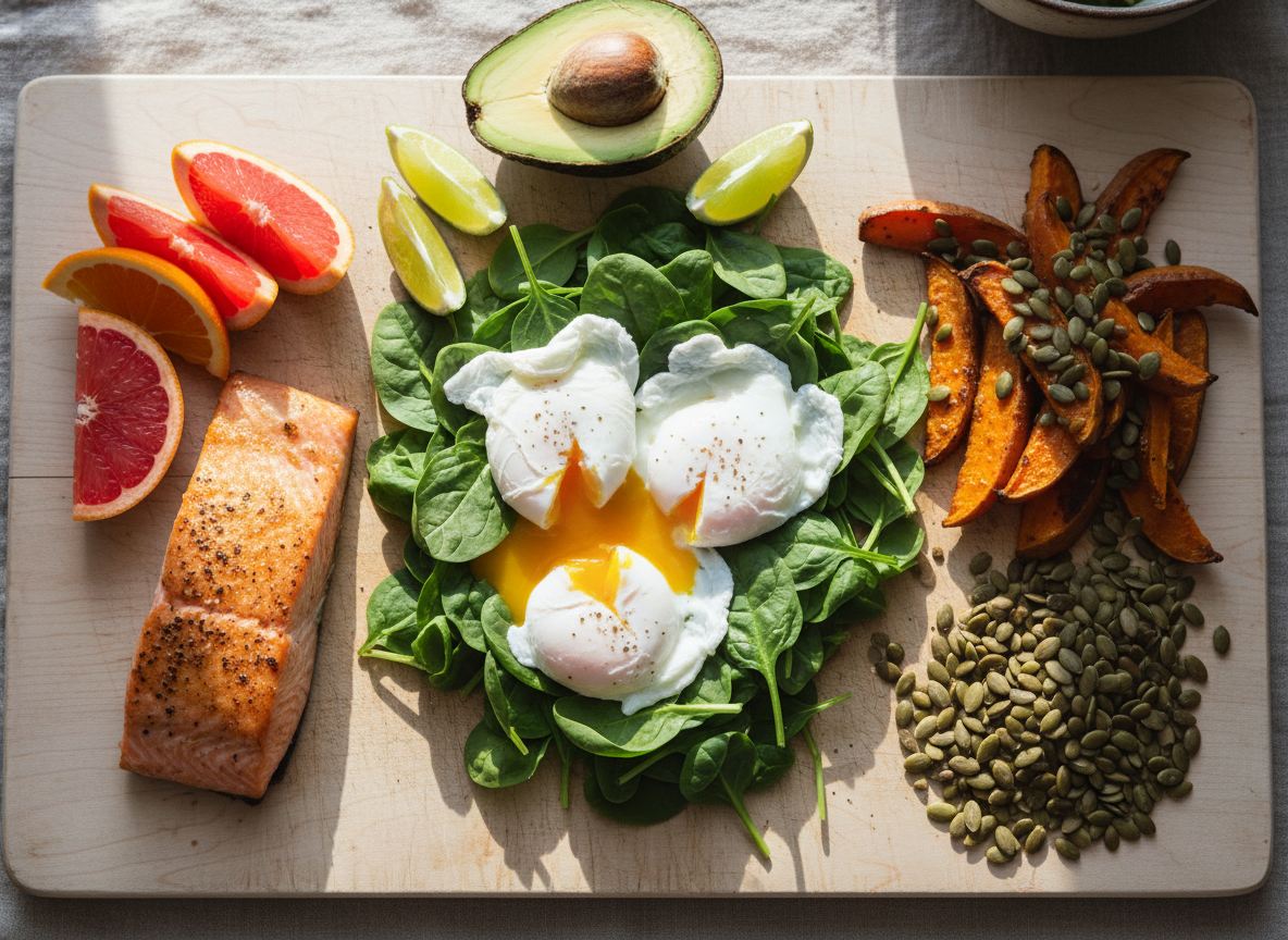 Eggs, spinach, salmon, citrus, pumpkin seeds, sweet potato, and avocado arranged as a food-first recovery plan for subclinical vitamin deficiency