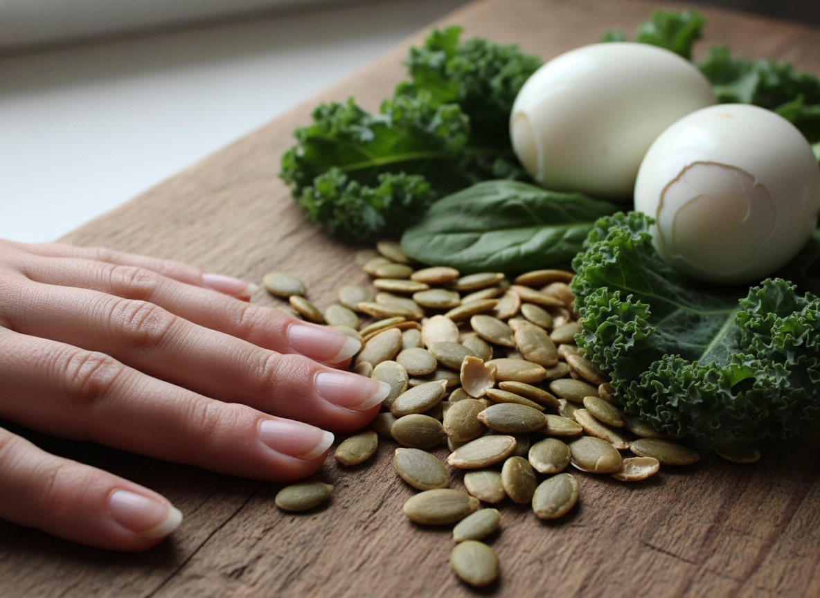 Brittle nails and dry skin shown beside pumpkin seeds, eggs, and leafy greens as early signs of subclinical vitamin deficiency