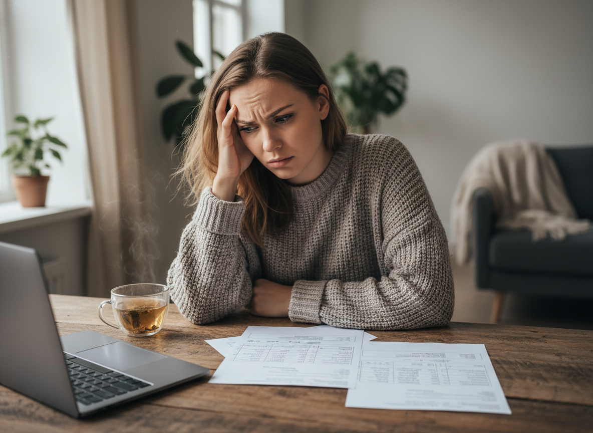 A woman reviewing normal-looking lab results while still feeling tired, illustrating the low-normal reference range trap