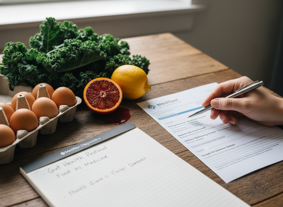 A notebook beside nutrient-dense groceries and a lab order form, illustrating the choice between food-first correction and testing