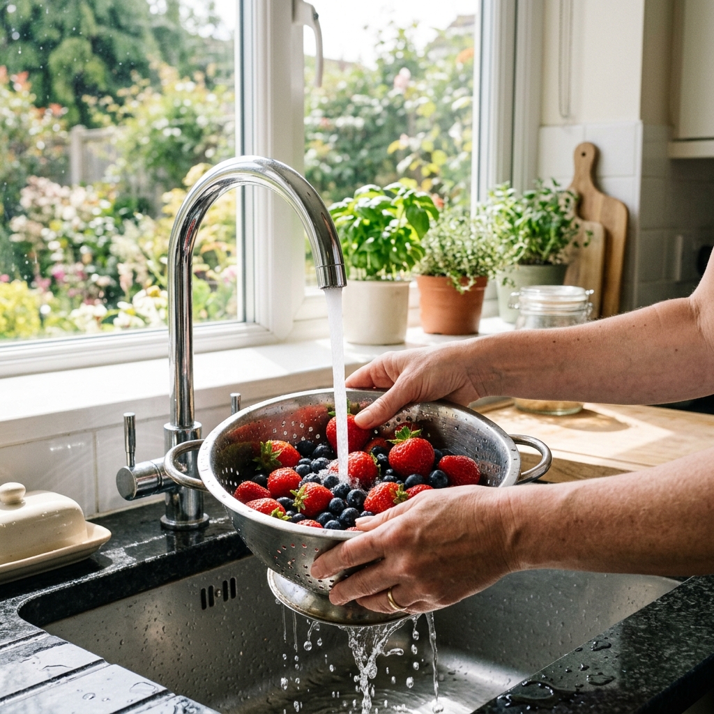 Hands gently washing fresh mixed berries under tap water in a sunlit kitchen.