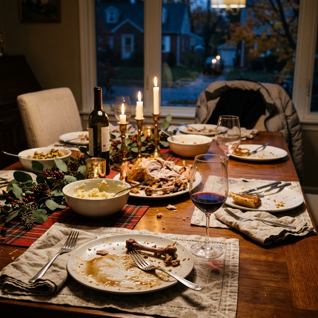 A beautifully set table featuring the remnants of a large holiday meal, symbolizing overeating.
