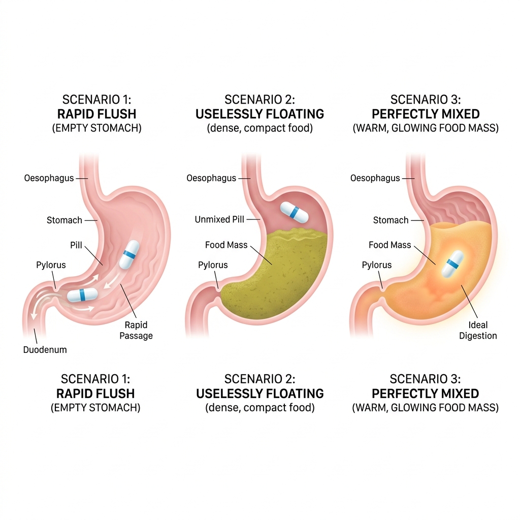 Three enzyme timing scenarios: flushed through, floating on food, and properly mixed in