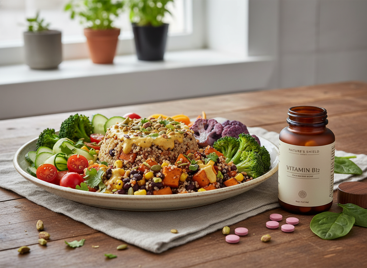 A plant-based meal beside a B12 supplement to illustrate that strict vegans need a reliable B12 source