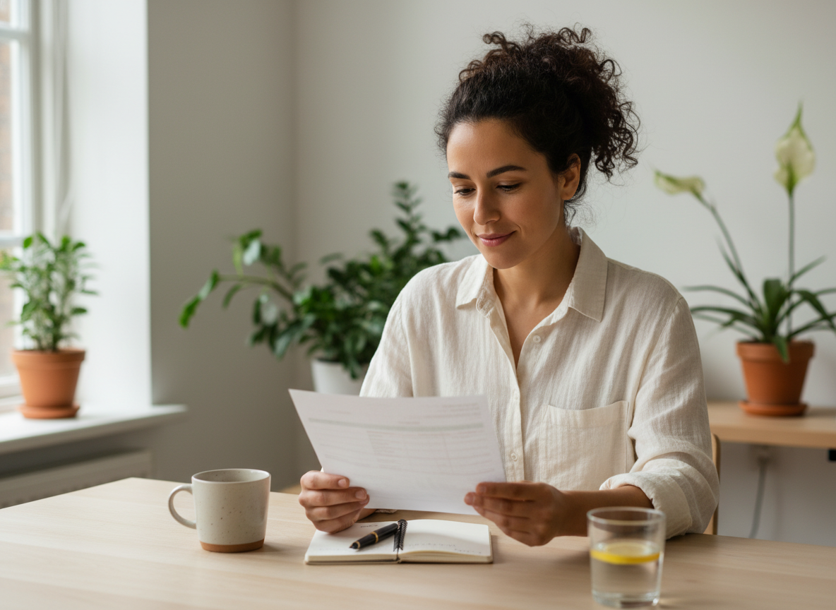 A vegan woman calmly reviewing bloodwork results to illustrate when testing creates clearer direction than guessing