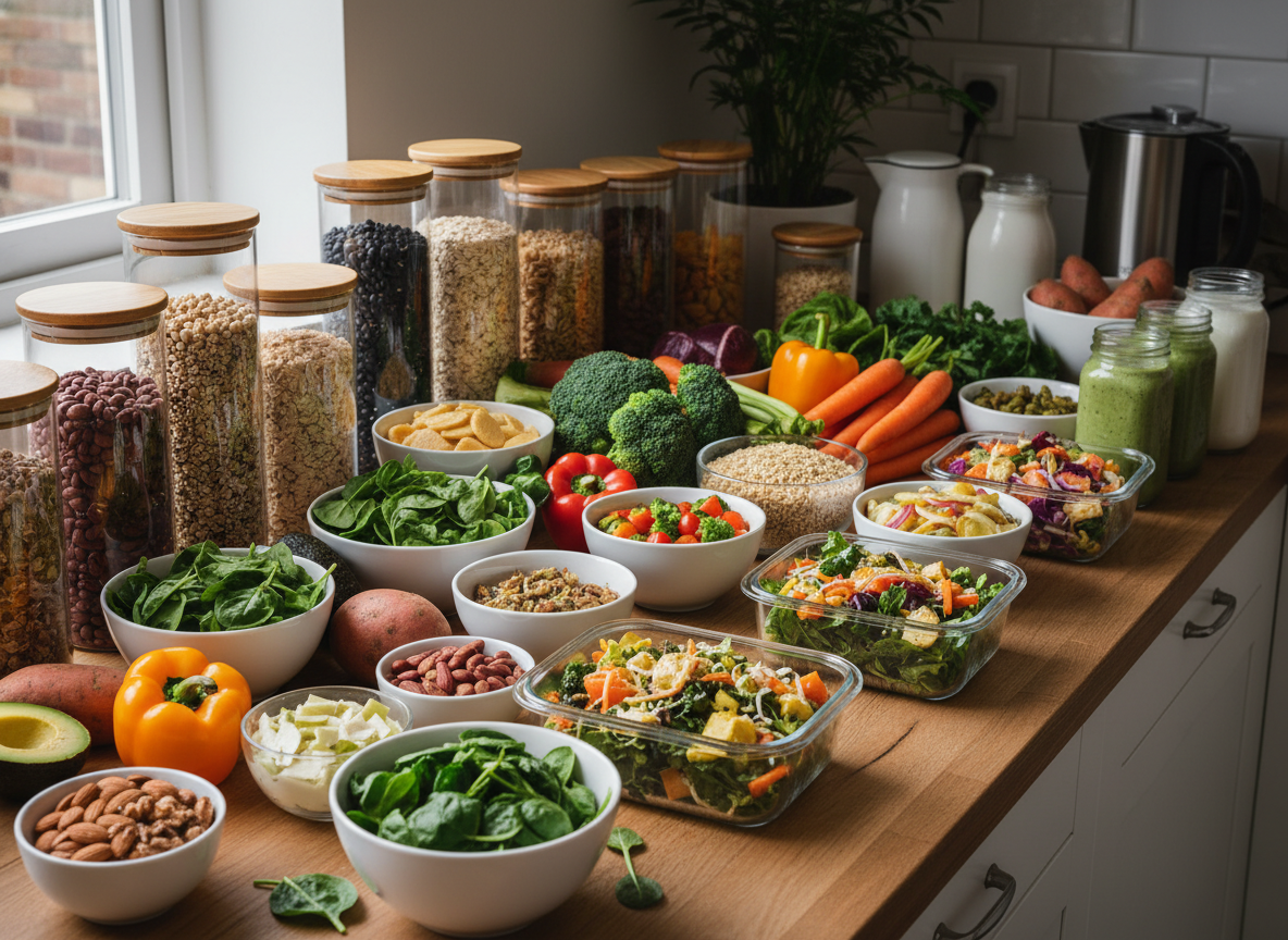 A healthy-looking vegan pantry scene with hidden nutrition blind spots to illustrate common vegan nutrient mistakes