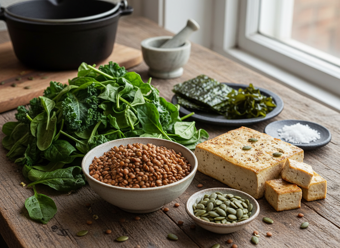 Lentils, tofu, seeds, greens, and iodized salt arranged to illustrate the quiet vegan watch-list nutrients