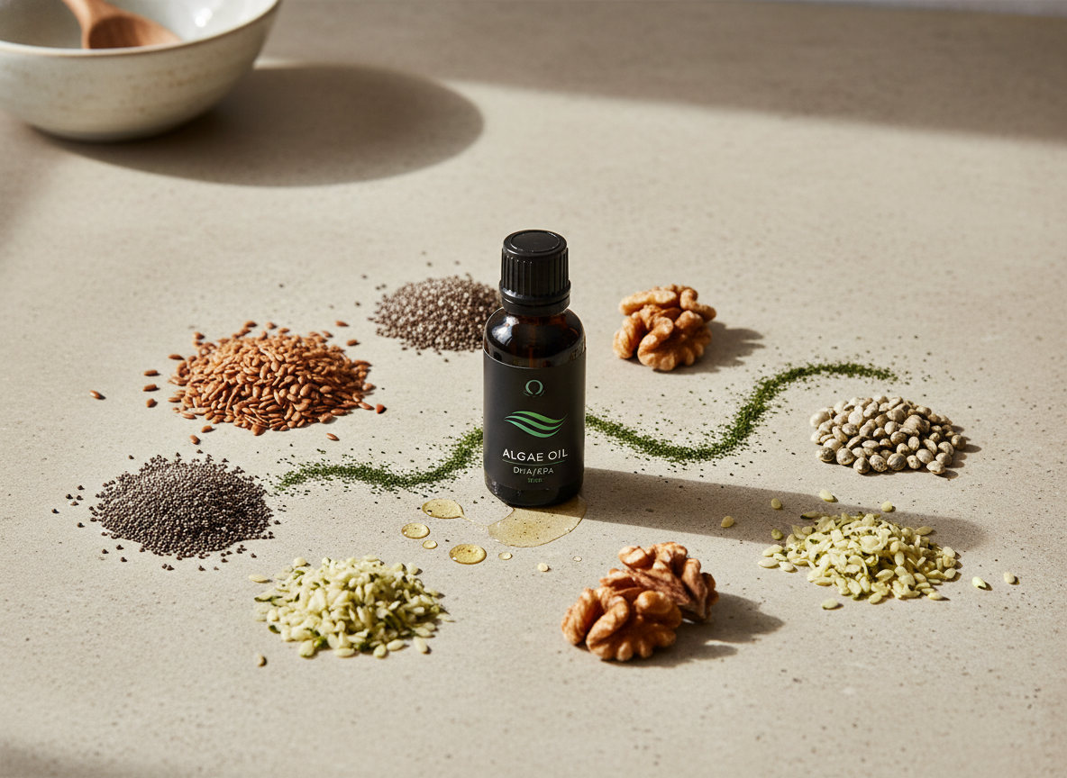 Flax, chia, walnuts, and algae oil arranged to illustrate the omega-3 bridge for vegans
