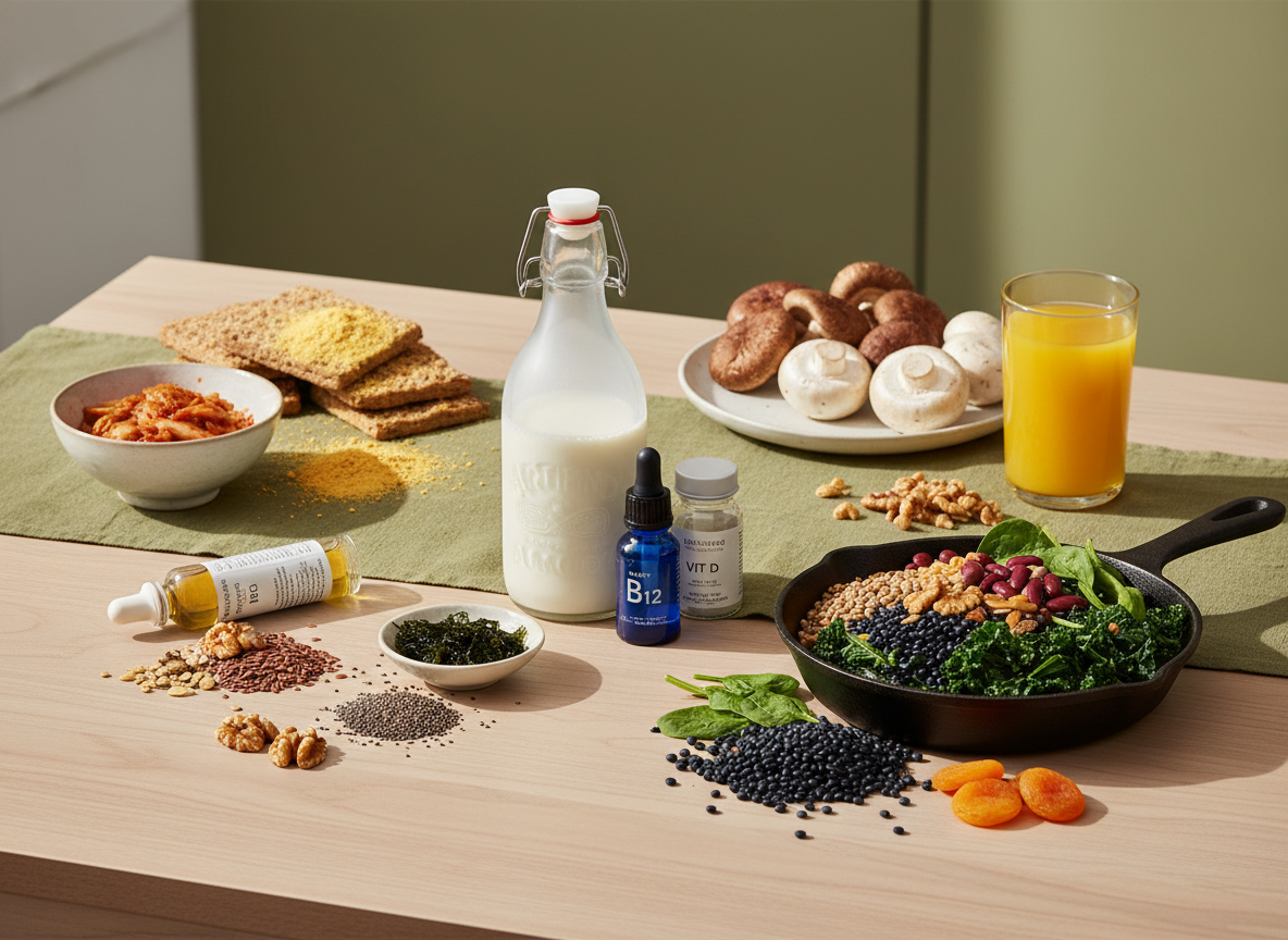 A clean still-life of foods and supplements representing B12, vitamin D, omega-3, and iron in a vegan routine