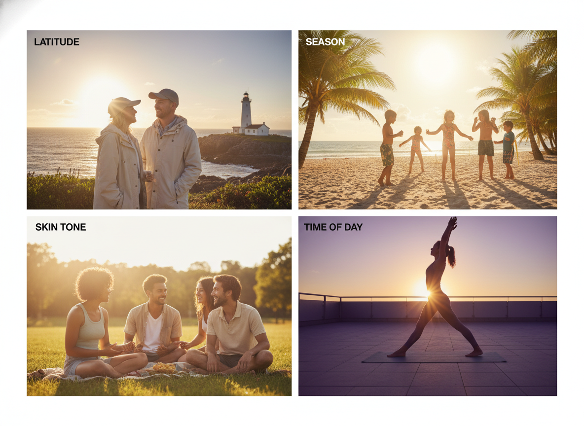 A visual scene representing latitude, season, skin tone, and time of day as the core variables for vitamin D sun exposure