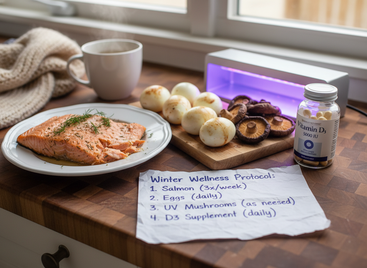 Salmon, eggs, mushrooms, and a vitamin D3 supplement arranged to show an honest winter protocol for vitamin D