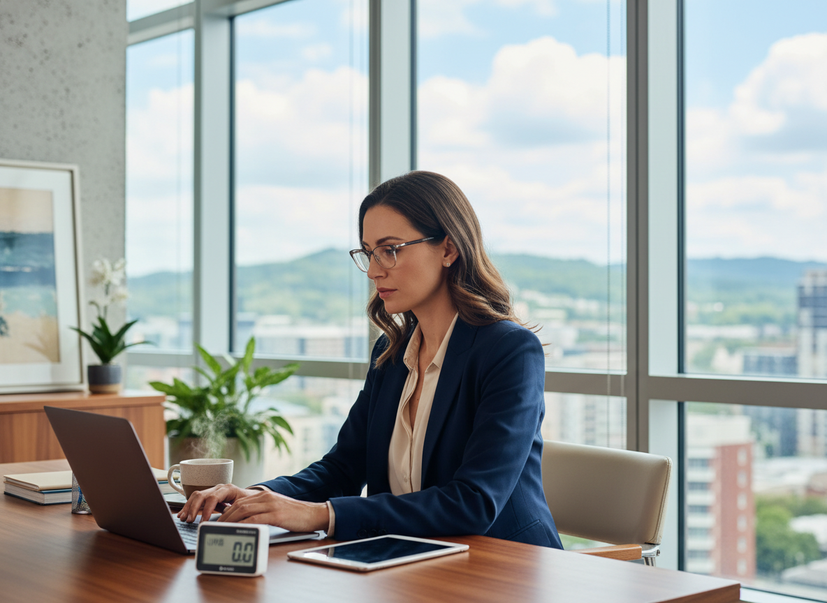 An office worker beside bright windows to illustrate that indoor light and short commutes do not provide meaningful UVB