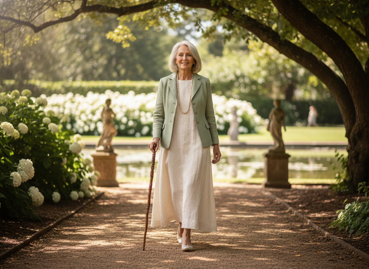 An older woman outdoors in soft daylight to illustrate vitamin D needs, lower skin synthesis, and bone-health risk with age