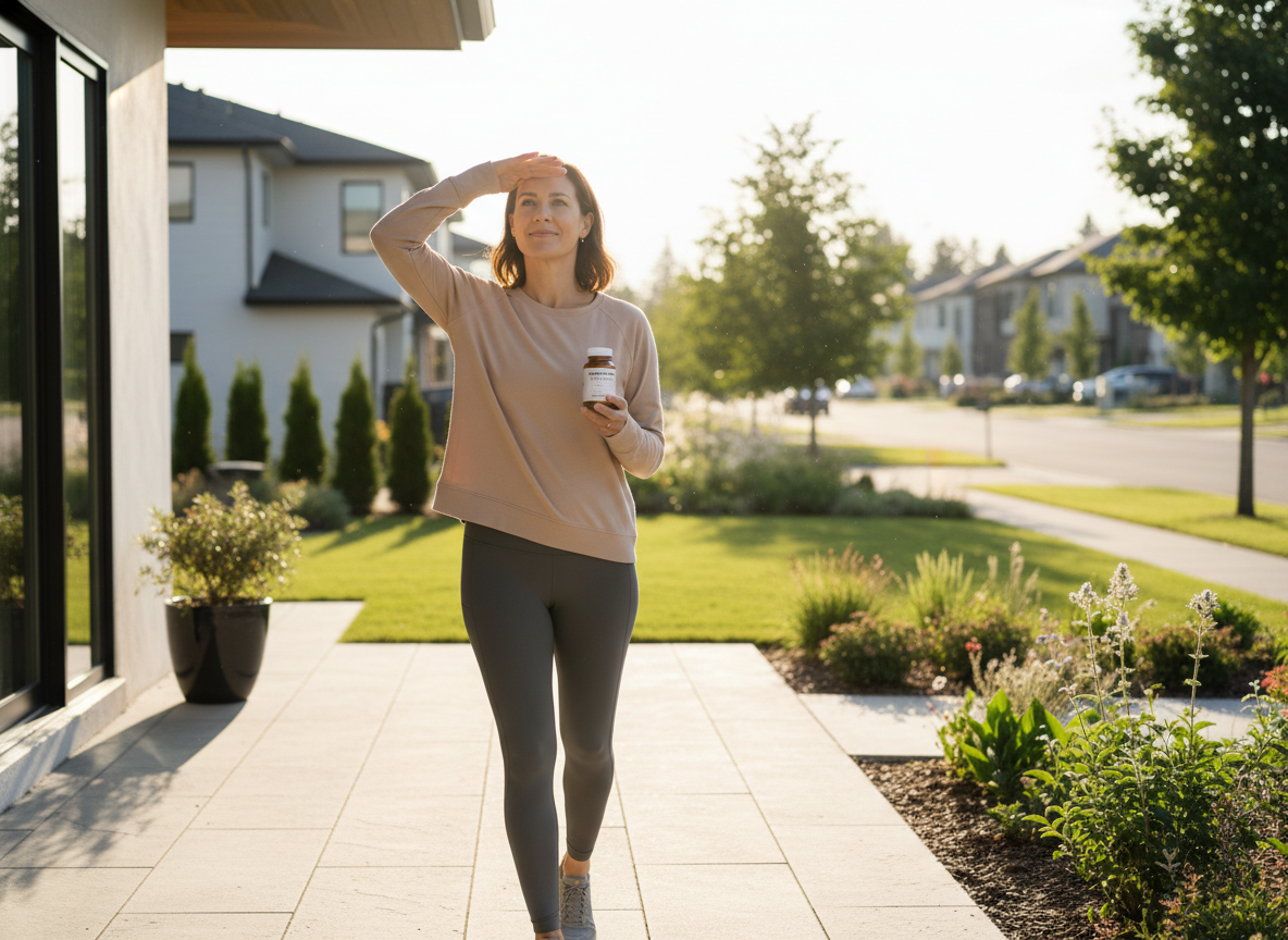 A woman stepping into midday light with a clear vitamin D overview feeling