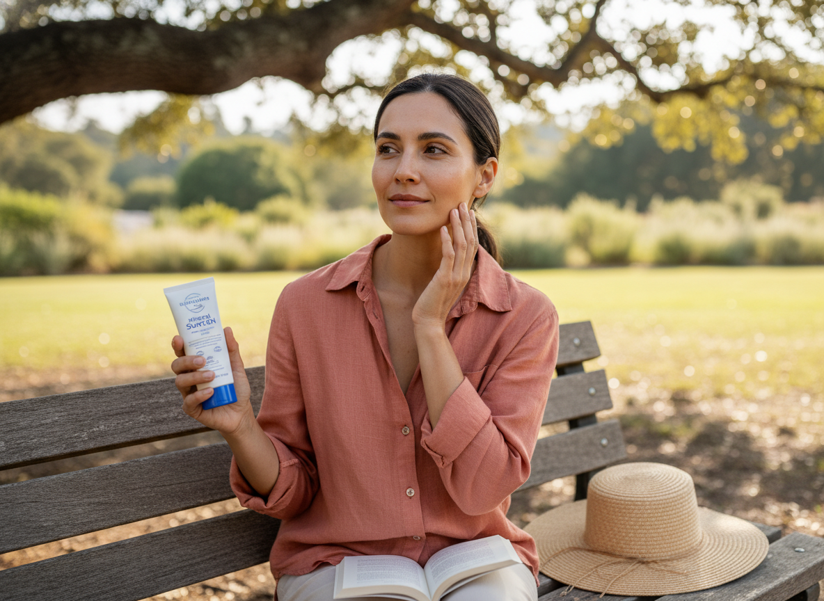 A woman outdoors with sunscreen to illustrate a balanced strategy between vitamin D sun exposure and skin protection