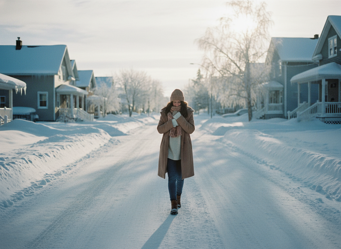 A woman in weak winter sunlight to illustrate how latitude and season affect vitamin D production