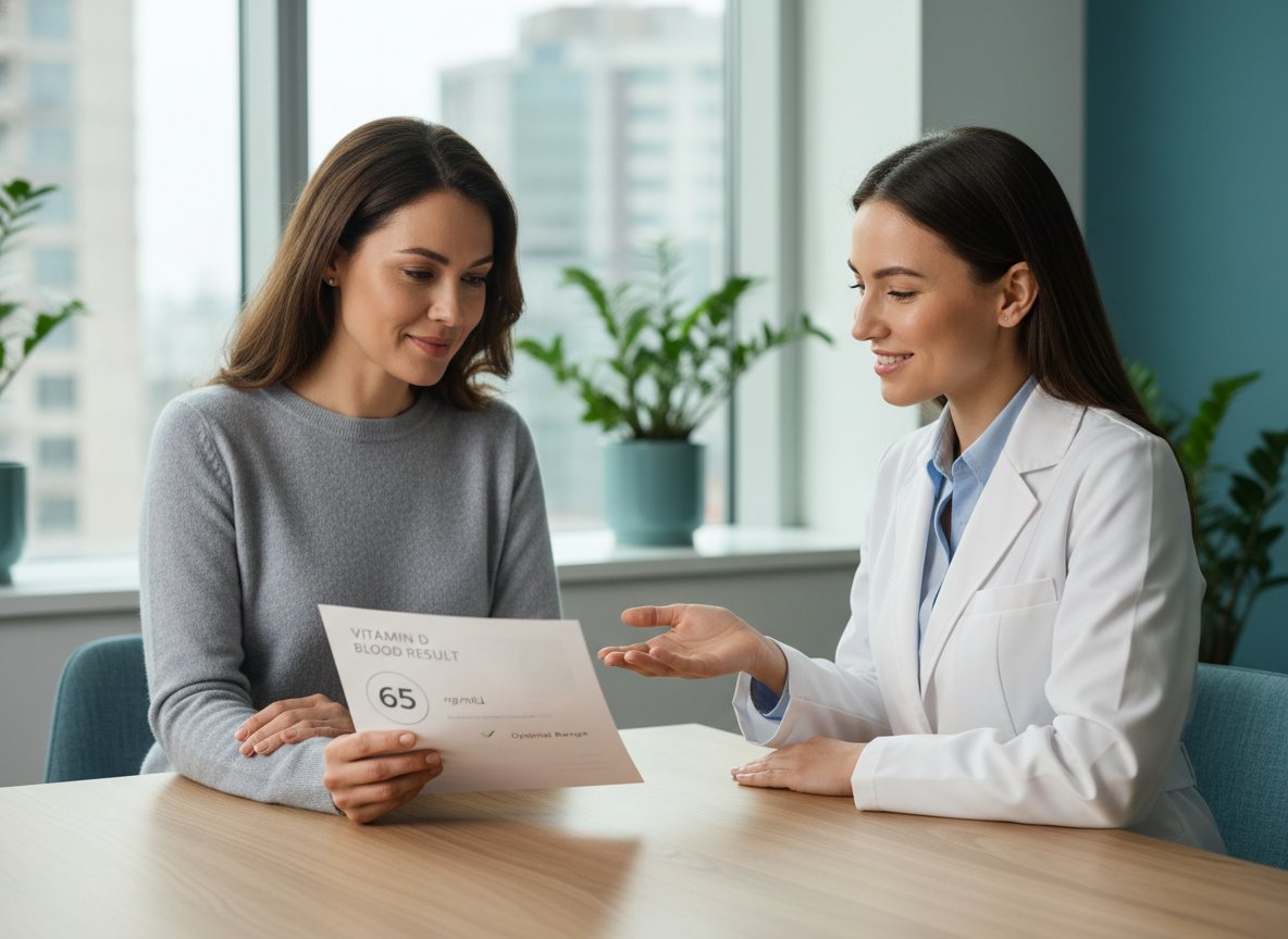 A doctor and woman discussing a simple vitamin D blood result to illustrate getting clean direction from testing