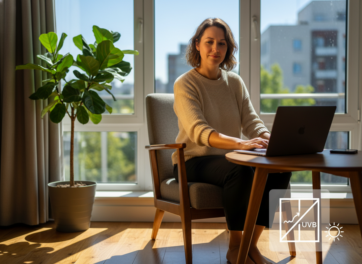 A woman sitting beside a bright window to illustrate that sunlight through glass does not meaningfully create vitamin D
