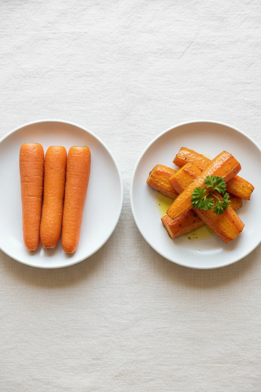 Side-by-side comparison of raw carrot sticks versus roasted carrots with a drizzle of olive oil — showing how cooking and fat unlock vitamin absorption