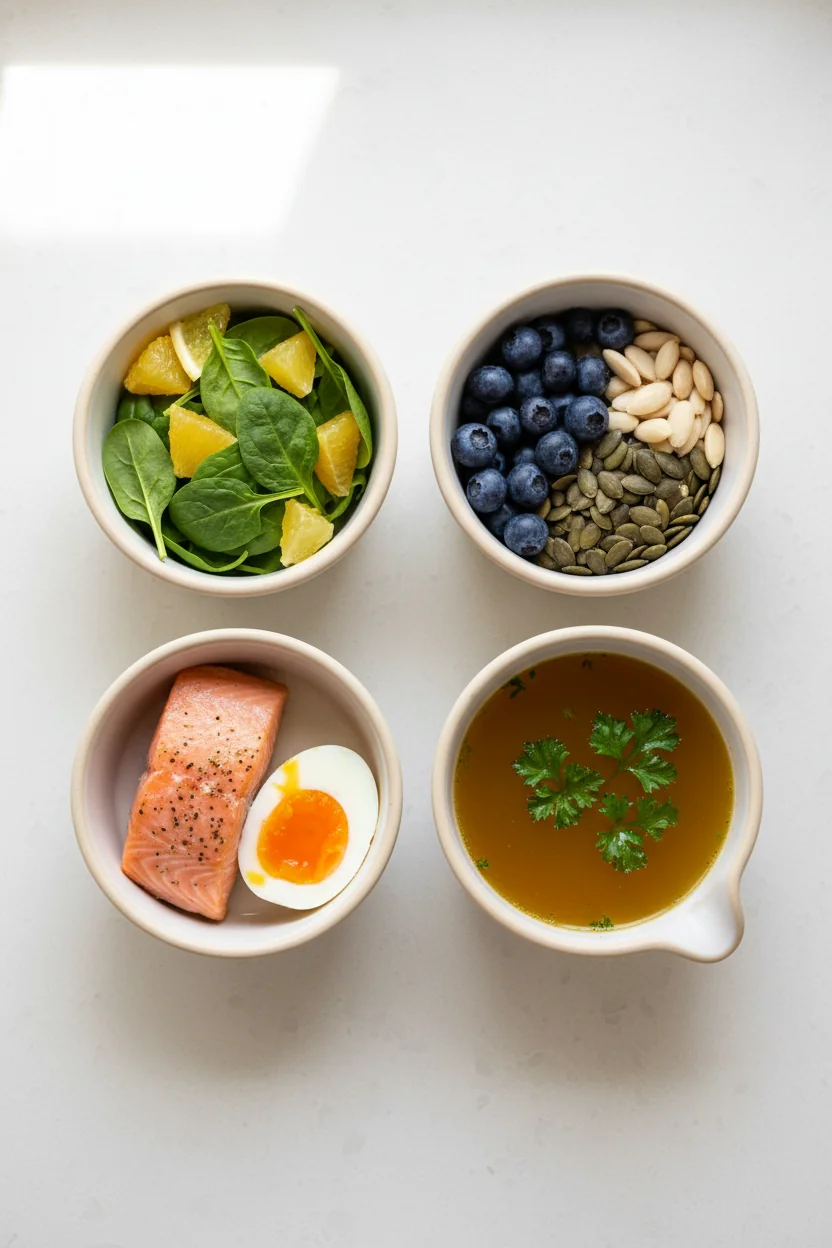 Whole foods arranged in four small groupings representing the four biological roles of vitamins — enzyme cofactor, antioxidant, hormone signaling, and structural support