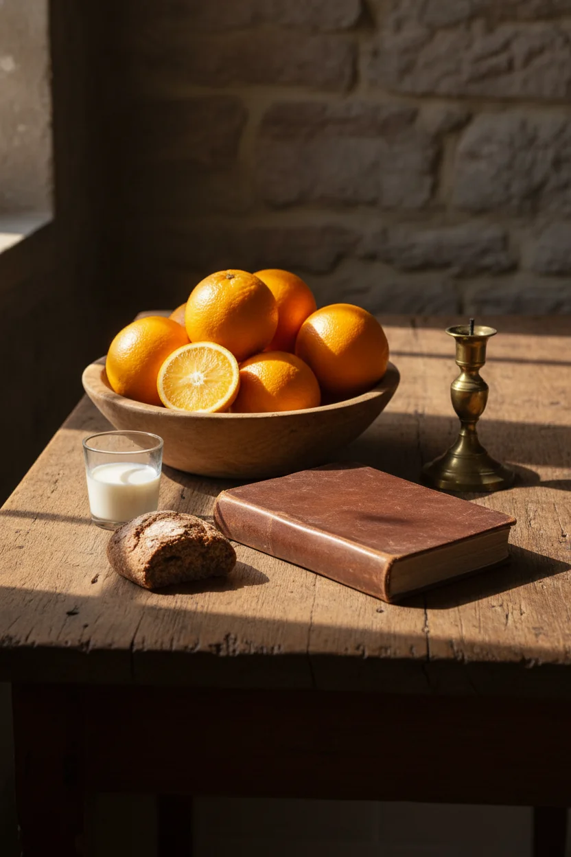 An historical still life of citrus fruits, a wedge of bread, an old leather journal, and a beam of natural light — evoking the historical discovery of vitamin deficiency diseases