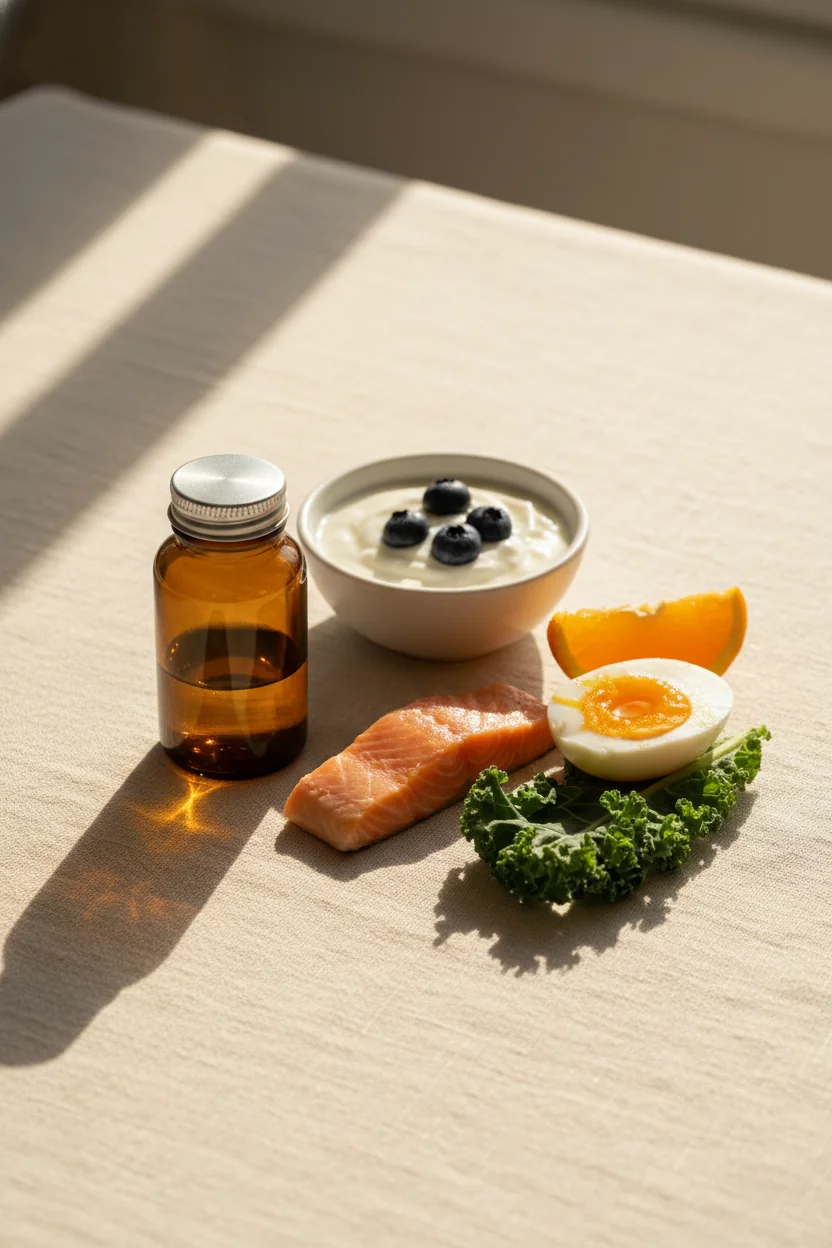 A small amber supplement bottle beside whole-food sources of the same nutrient — symbolizing the honest balance between food-first eating and necessary supplementation