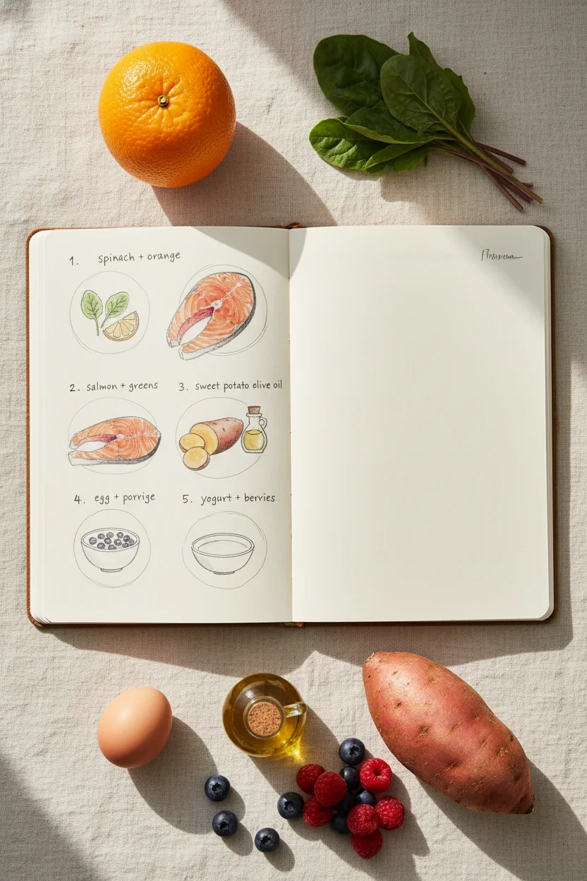 An open kitchen notebook with five small numbered food pair sketches beside fresh ingredients — replacing the seventy-cell vitamin chart approach