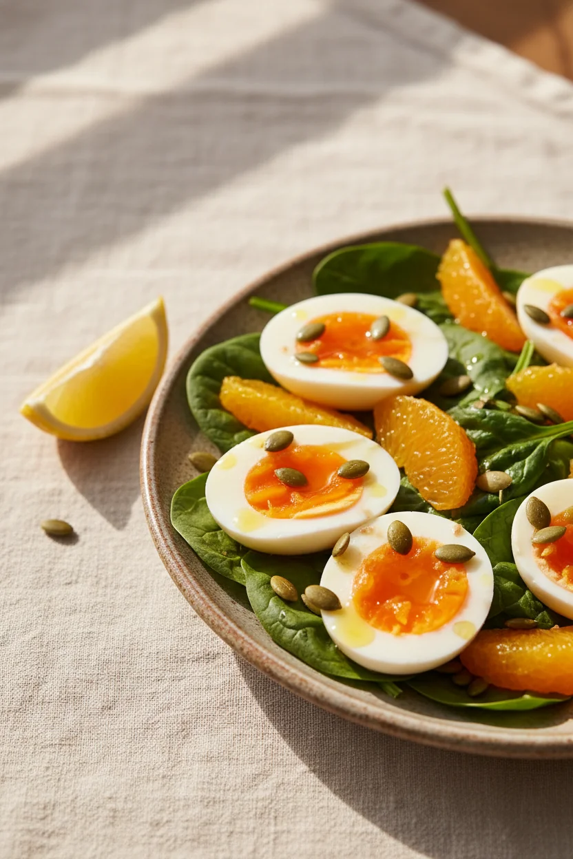 Spinach salad with orange segments, soft-boiled egg, pumpkin seeds, and olive oil — the Vitamin C plus iron synergy pair for blood building