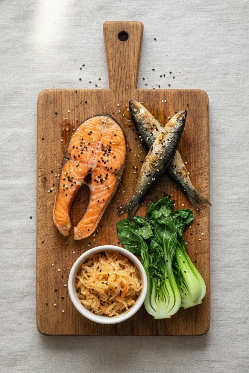 Salmon, sardines with bones, sauerkraut, bok choy, and black sesame on a wooden board — the Vitamin D, calcium, and K2 synergy triad for bone health