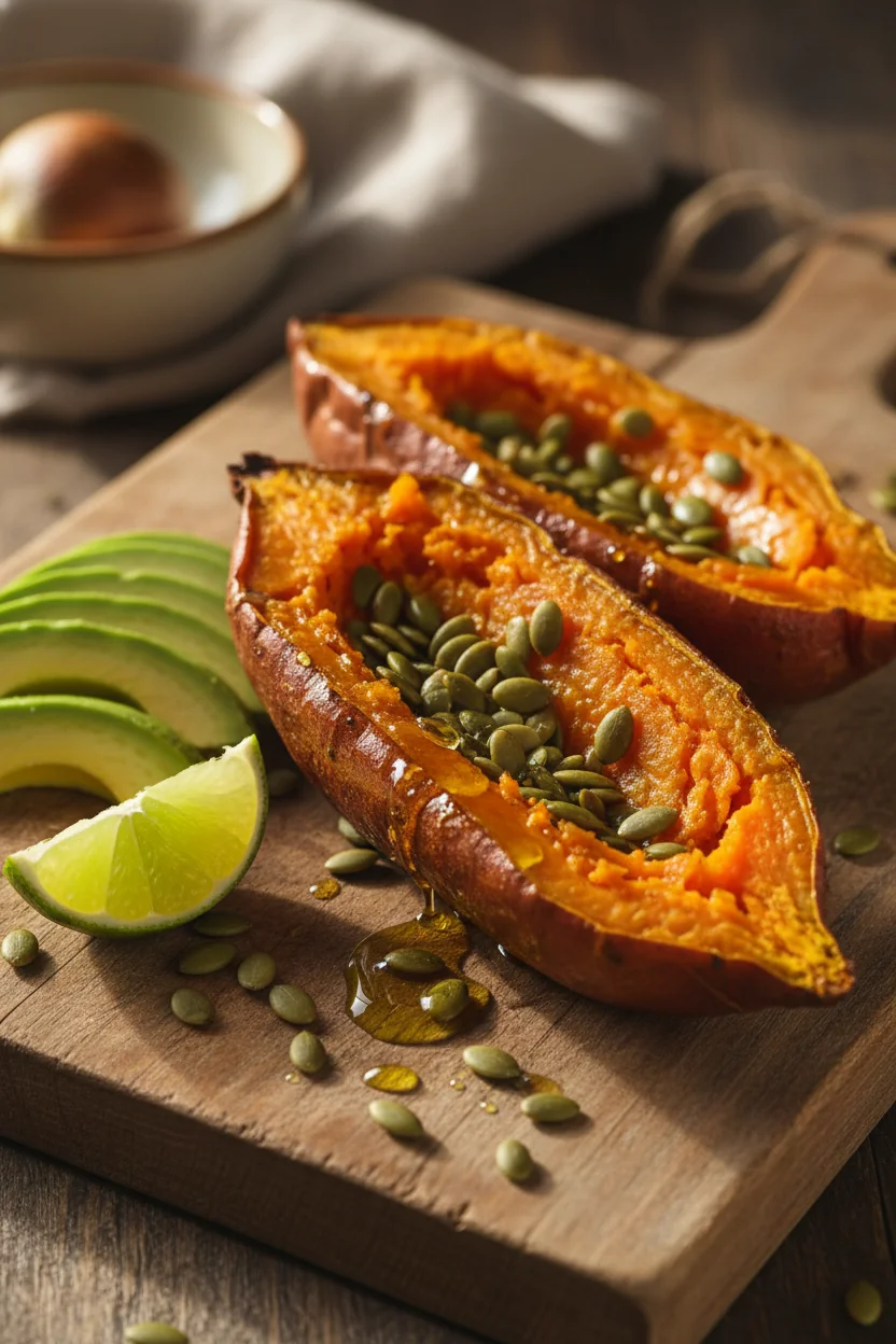 Roasted sweet potato with olive oil, pumpkin seeds, avocado, and lime — the Vitamin A and healthy fat synergy pair for skin and vision