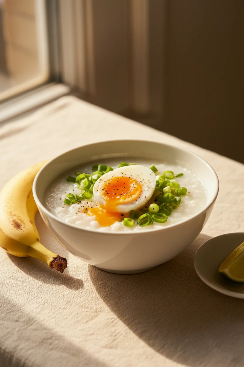 Vietnamese rice porridge with soft-boiled egg, green onion, black pepper, and banana — the B12, folate, and B6 synergy triad for energy and nerve health