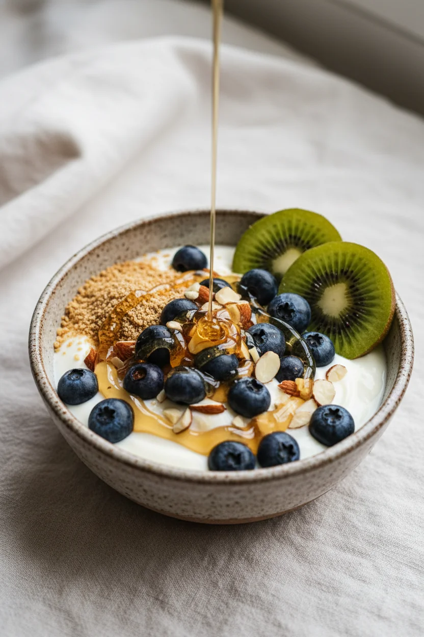 Plain Greek yogurt with blueberries, almonds, ground flax, kiwi, and honey — the Vitamin E and Vitamin C antioxidant synergy pair