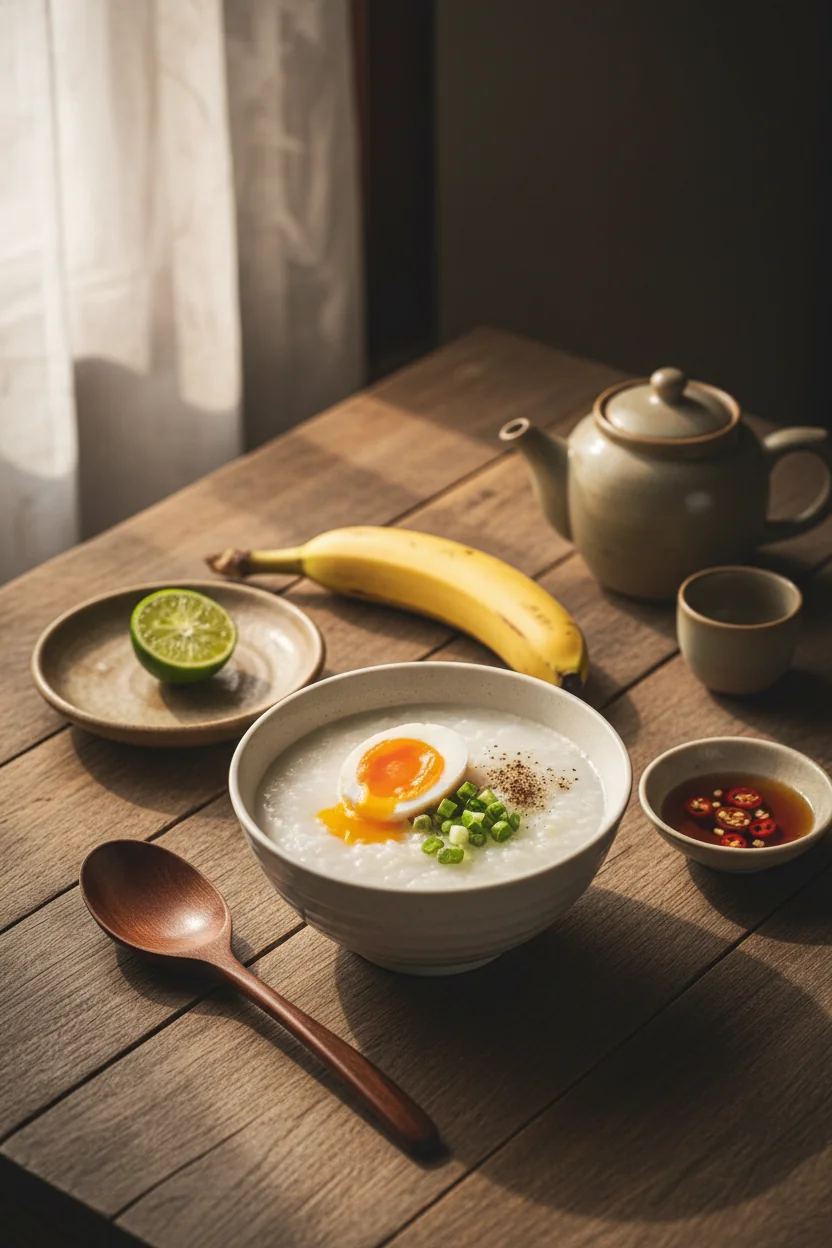 A traditional Vietnamese breakfast spread showing rice porridge with soft egg, green onion, pepper, lime, and a banana — illustrating the principle of food combinations
