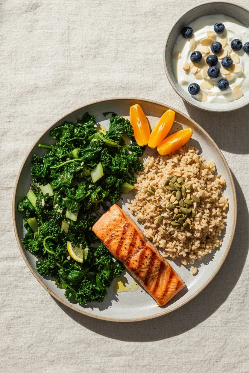 A complete dinner plate showing the weekly rotation principle — leafy greens, fatty fish, brown rice, pumpkin seeds, orange segments, and yogurt with berries