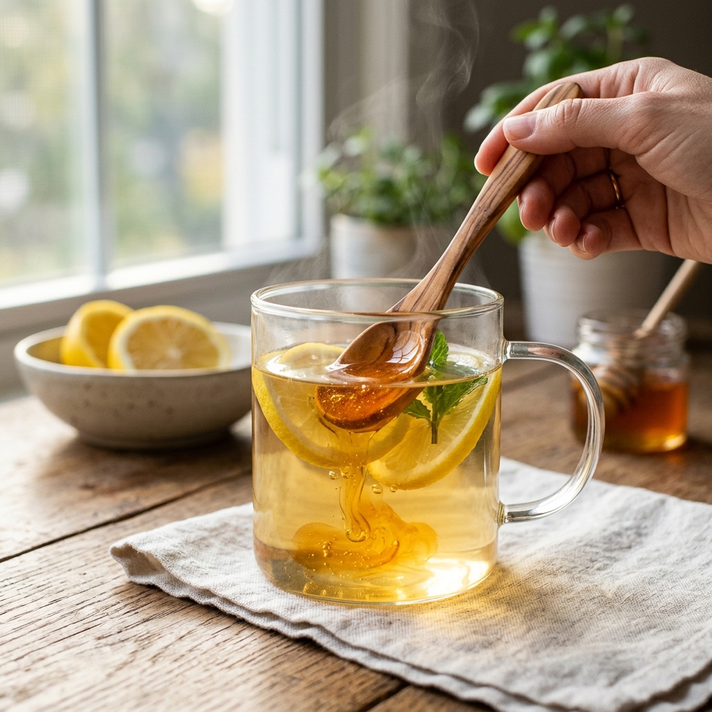 A minimalist shot of warm lemon water with raw amber honey melting off a wooden spoon.